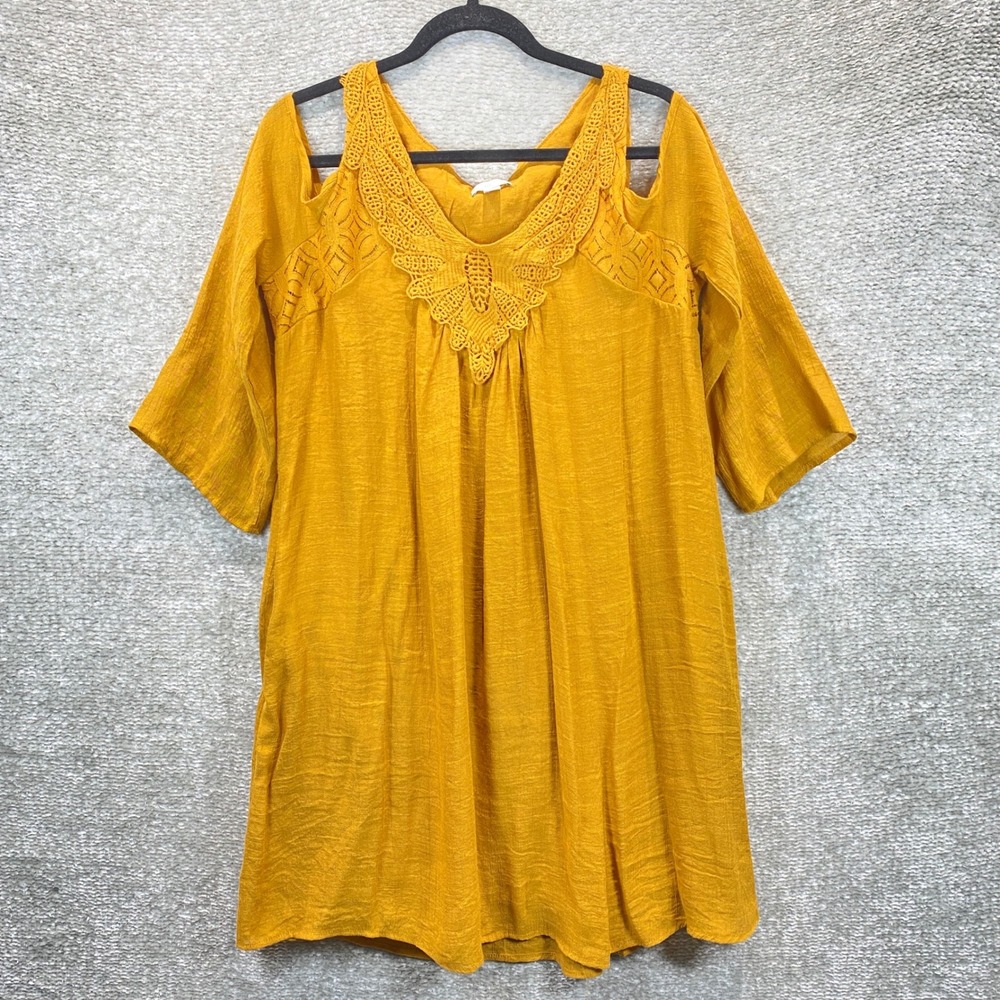 EST. 1946 Women Mustard Yellow Cold Shoulder Crochet Lace Boho‎ Dress Size L